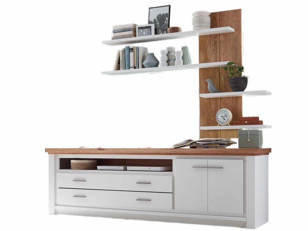 TV Lowboard Set mit Wand Regal Olbia 202x67x45cm massiv weiß natur Tür rechts
