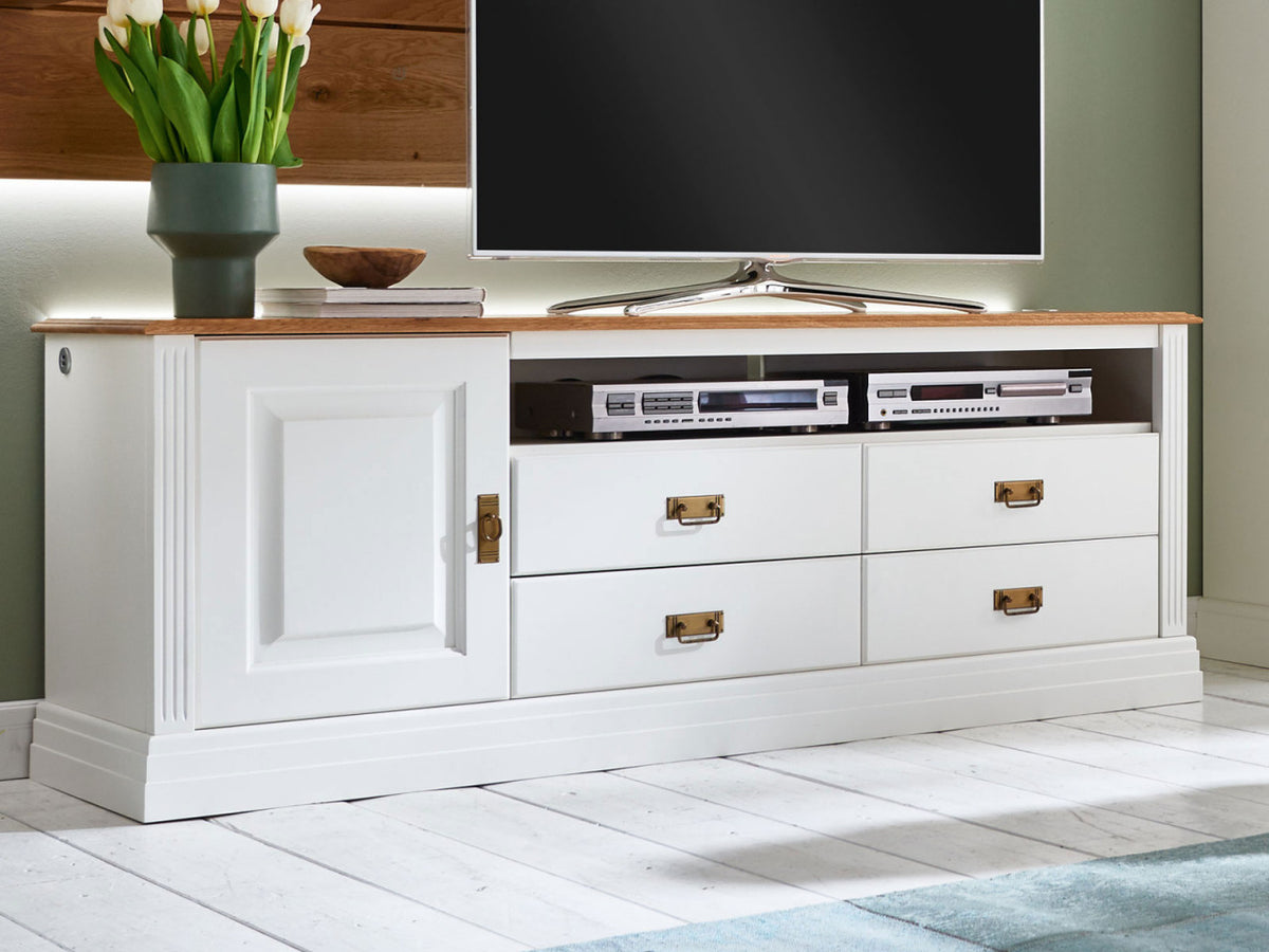 TV Lowboard + Wandregal Set Novara weiß Wildeiche natur Massivholz Tür links