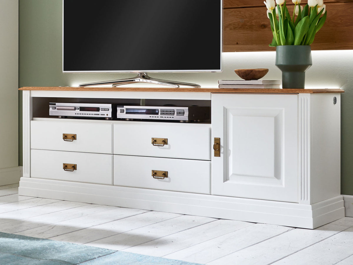 Fernsehschrank TV Lowboard Novara 1 Tür und 4 Schubladen weiß massiv Tür rechts