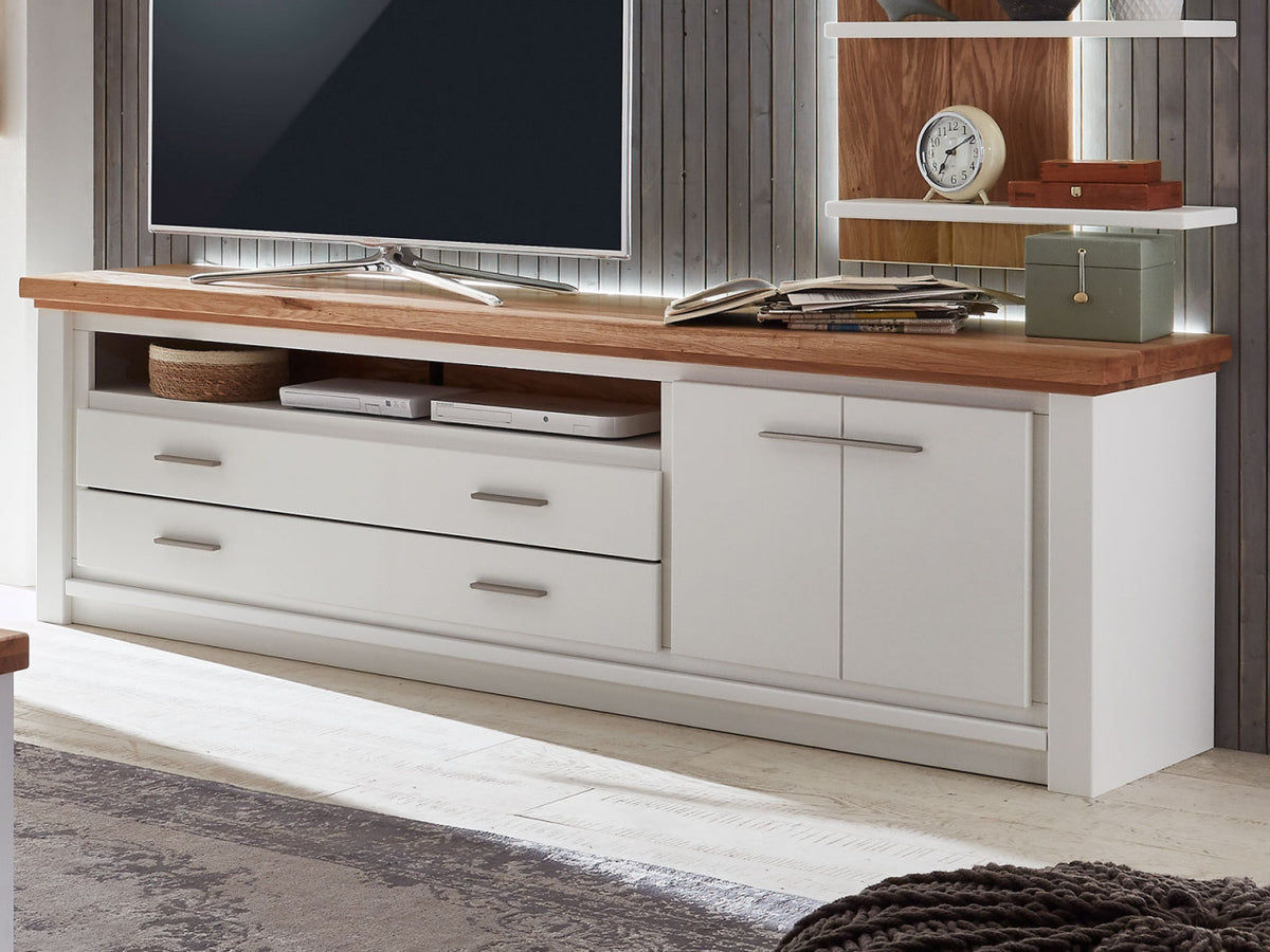 Wohnwand Olbia Vitrine hoch TV Lowboard Wandregal massiv weiß natur Vitrine links