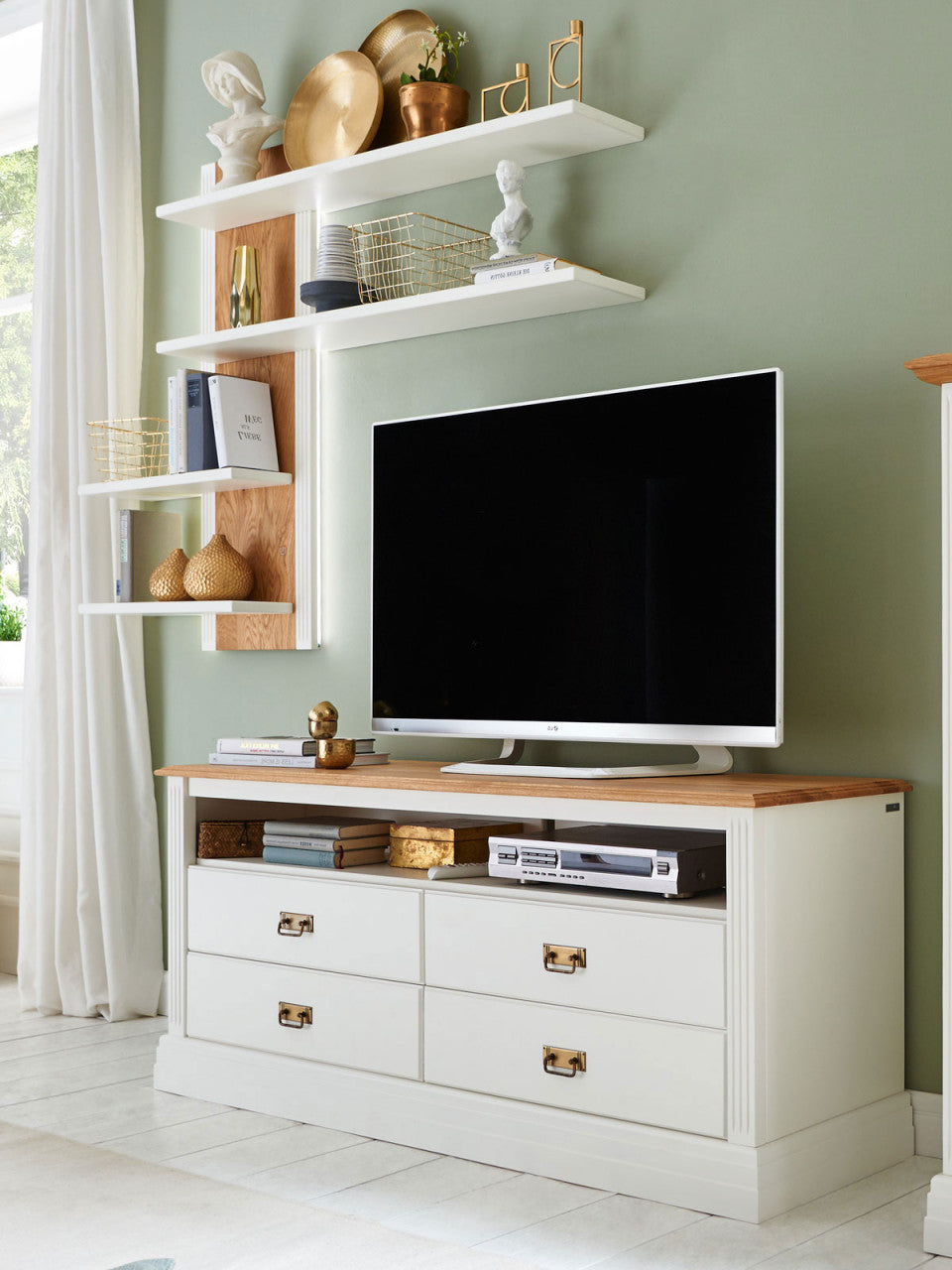 TV Lowboard + Wandregal Set Novara weiß Wildeiche Regal links