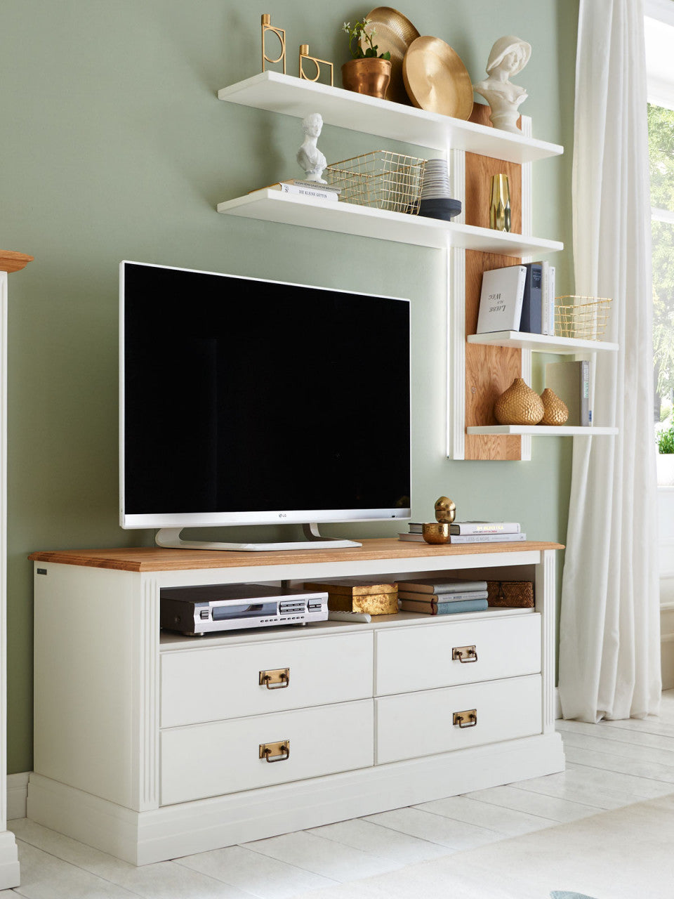 TV Lowboard + Wandregal Set Novara weiß Wildeiche Regal rechts