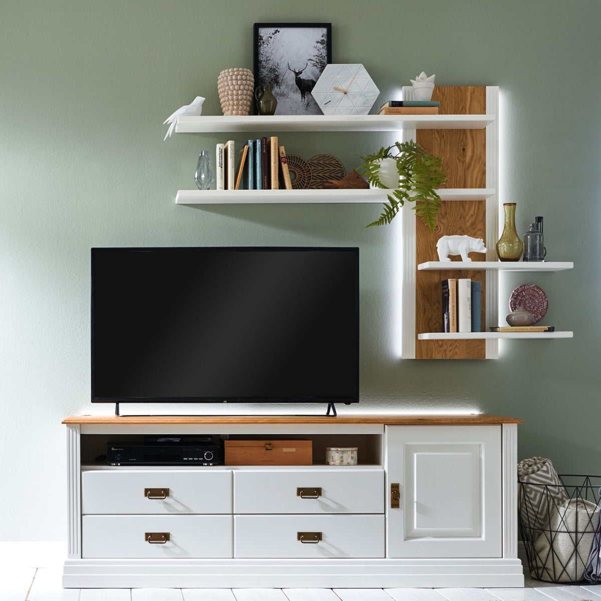 TV Lowboard + Wandregal Set Novara weiß Wildeiche natur Massivholz Tür rechts