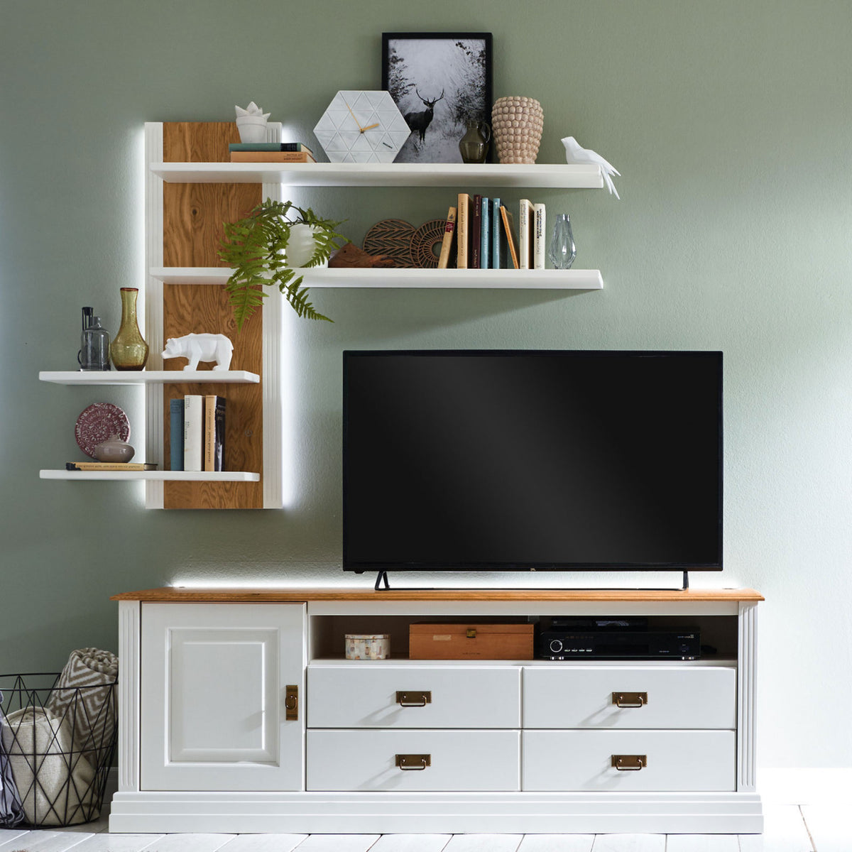 TV Lowboard + Wandregal Set Novara weiß Wildeiche natur Massivholz Tür links