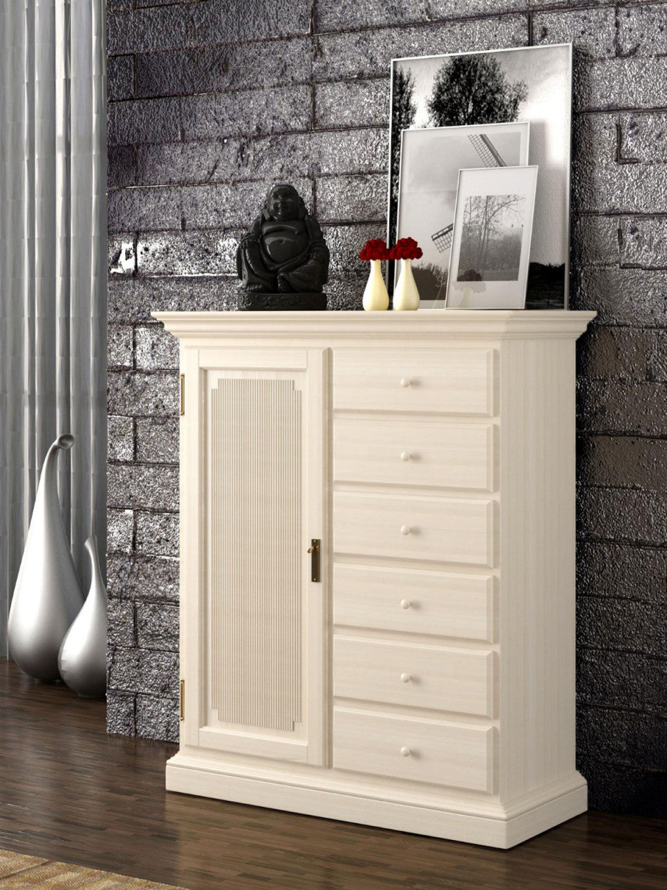 Highboard Vertiko Duett B 102 H 121 cm 1 Holztür 6 Schubladen Pinie massiv Pinie lipizano