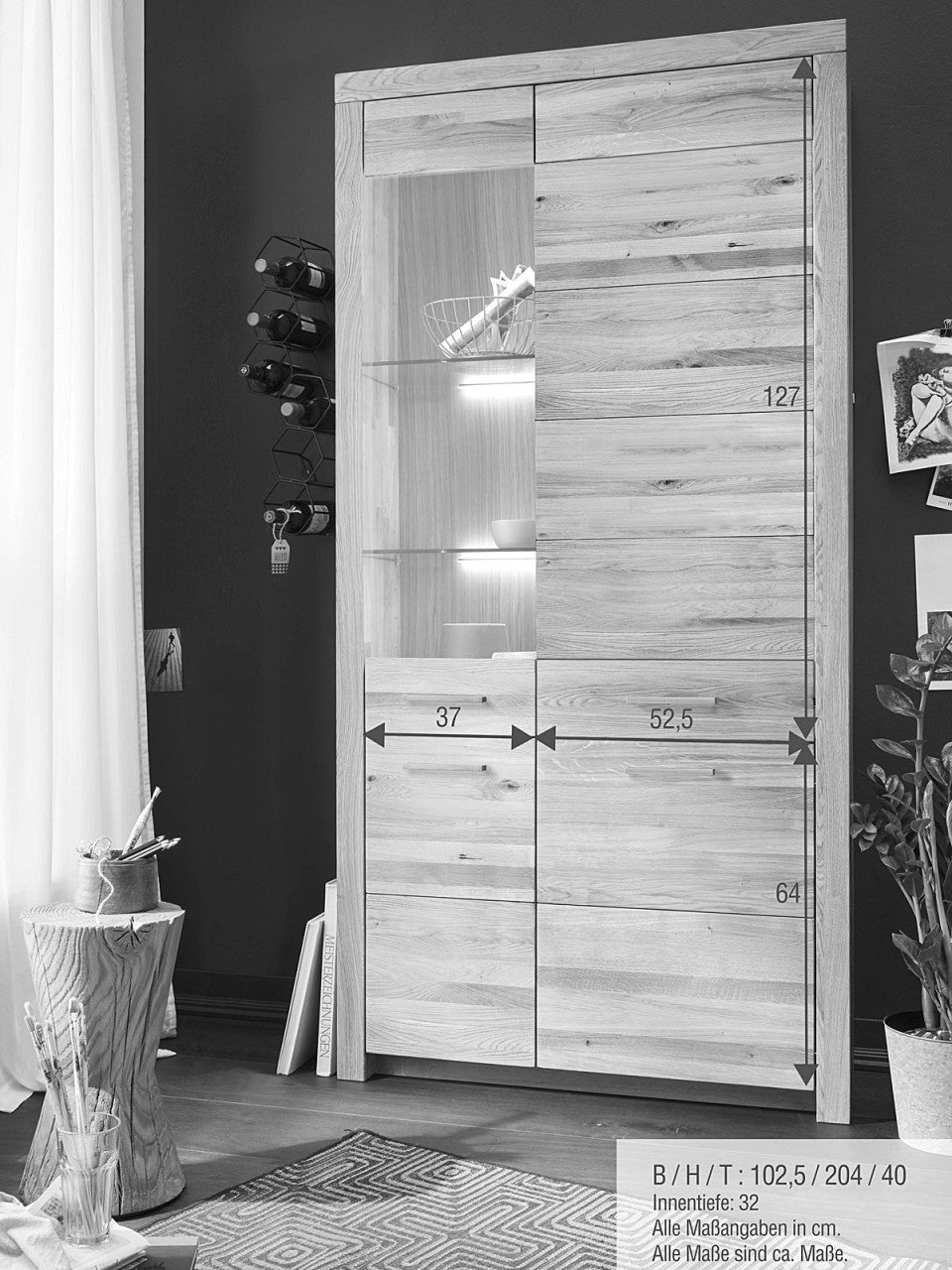 Glasvitrine Vitrine Massivholz 4trg B102 H204 cm Faro Wildeiche massiv