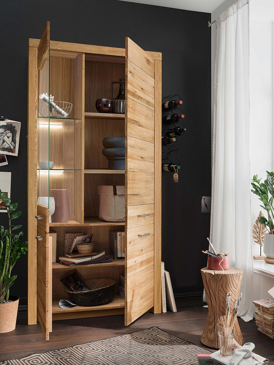 Wohnwand massiv Highboard Lowboard Vitrine 340x204cm Faro Wildeiche