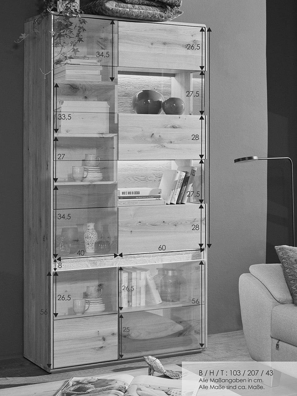 Glasvitrine Bergeiche Wildeiche Vitrine Massivholz Standvitrine 4-türig