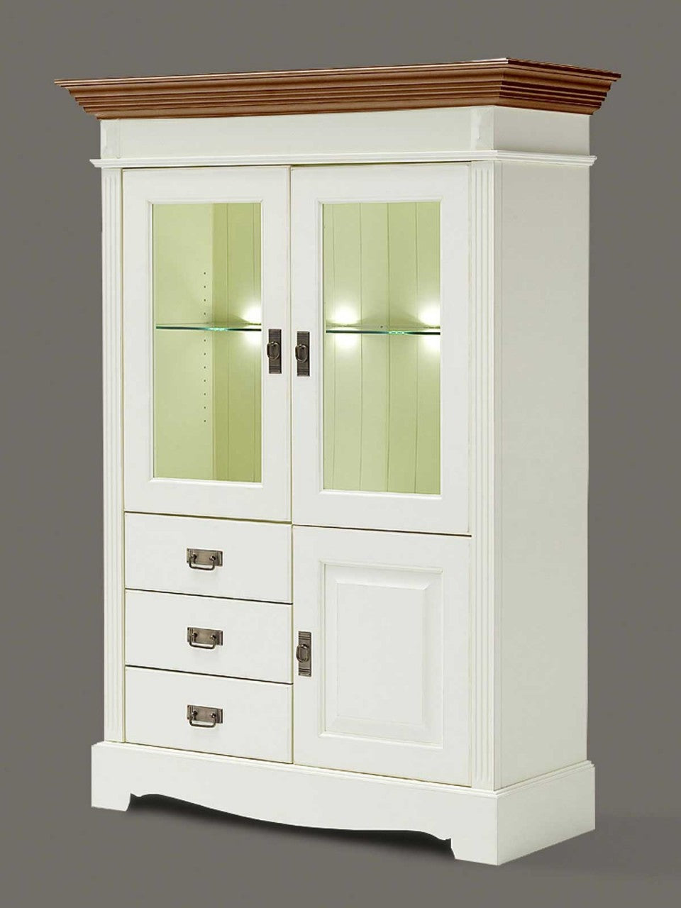 Vitrine Standvitrine halbhoch Padua 3-tür. Schubladen 114,5x161x46,3cm panna Absetzung sierra