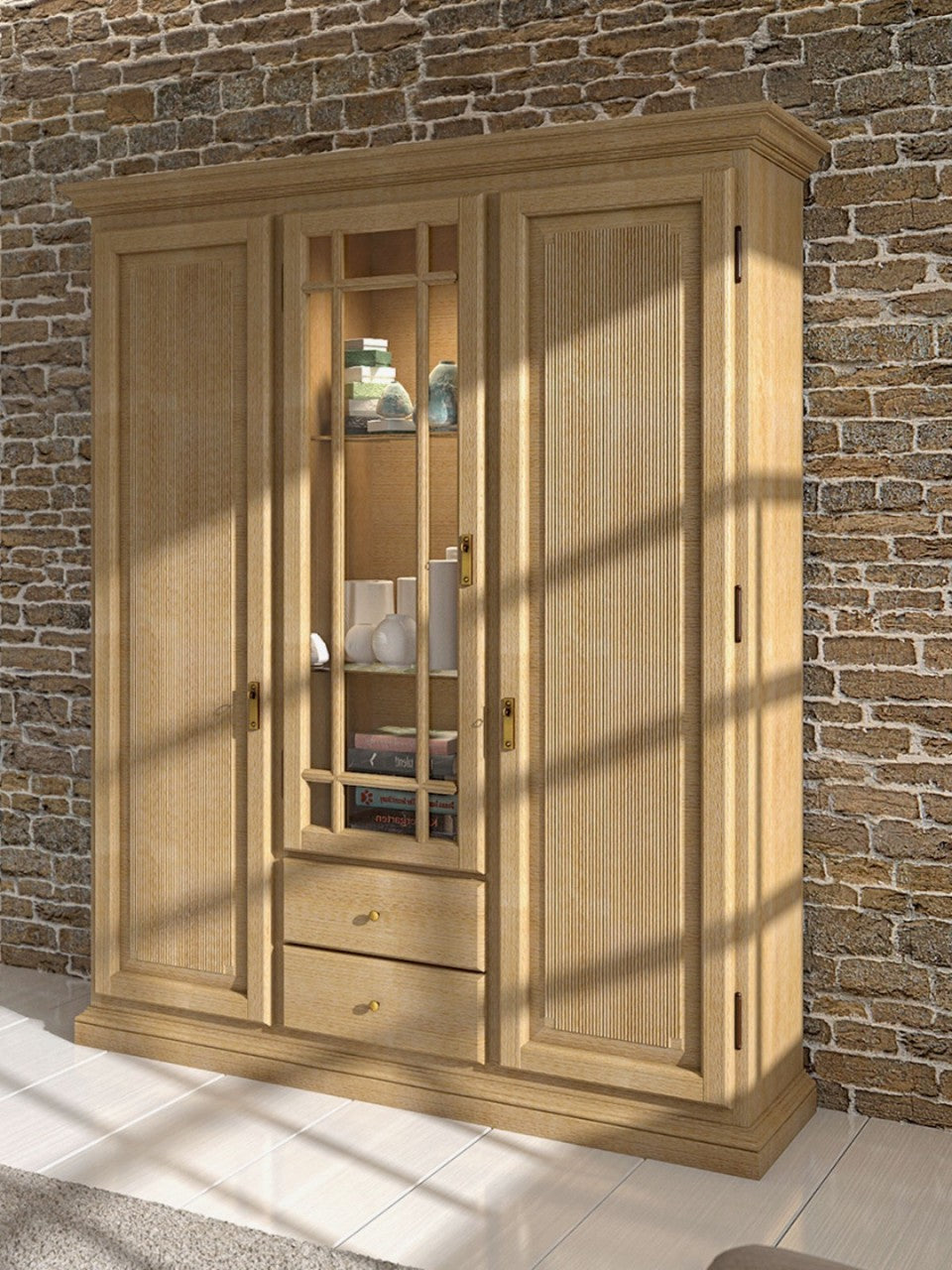 Vitrine Duett mit 3 Türen & 2 Schubladen – Pinie Massivholz, Breite 162x192 cm Pinie karamell