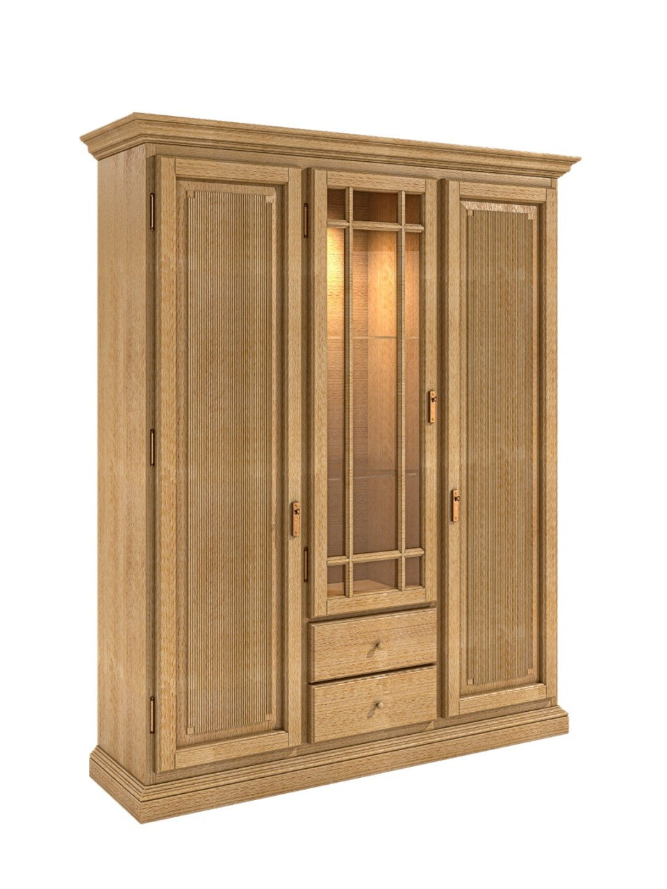 Vitrine Duett mit 3 Türen & 2 Schubladen – Pinie Massivholz, Breite 162x192 cm Pinie karamell