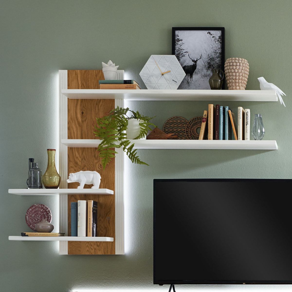 Sideboard Set Anrichte Novara 3-türig mit 1 Wandregal weiß massiv