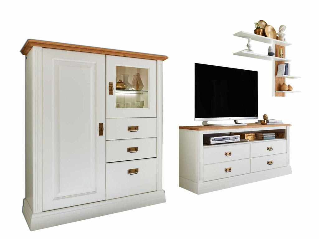Wohnwand Set Novara Highboard Lowboard weiß Wildeiche natur