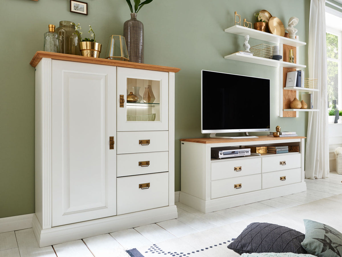 Wohnwand Set Novara Highboard Lowboard weiß Wildeiche natur