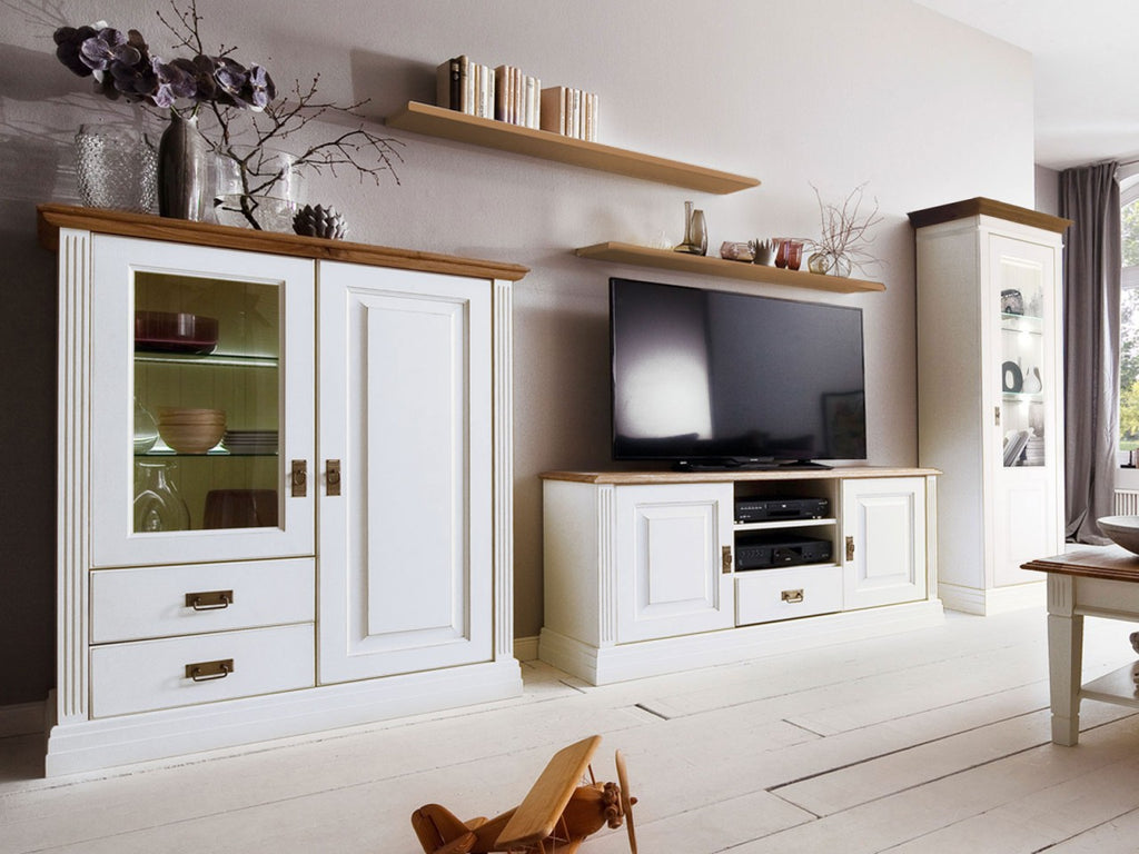 Wohnwand Wohnzimmer Novara Highboard TV Schrank Vitrine weiß Wildeiche