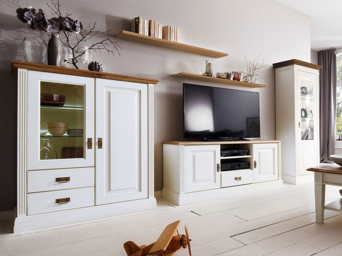 Wohnwand Wohnzimmer Novara Highboard TV Schrank Vitrine weiß Wildeiche