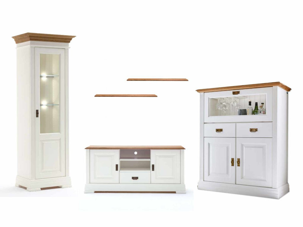 Wohnwand Novara Vitrine TV Schrank Barschrank weiß Wildeiche massiv