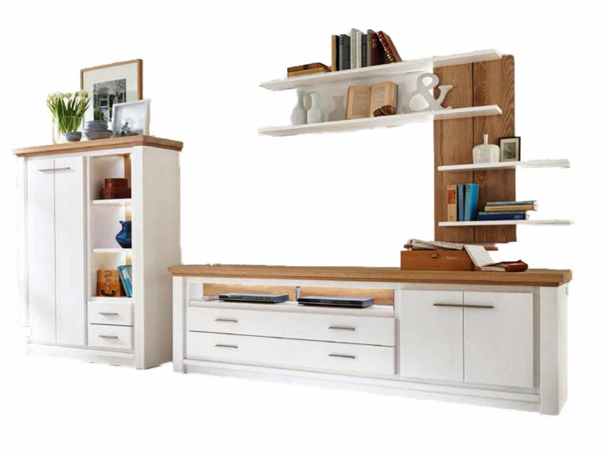 Wohnwand Olbia Highboard TV Lowboard Wandregal massiv weiß natur geölt Highboard links