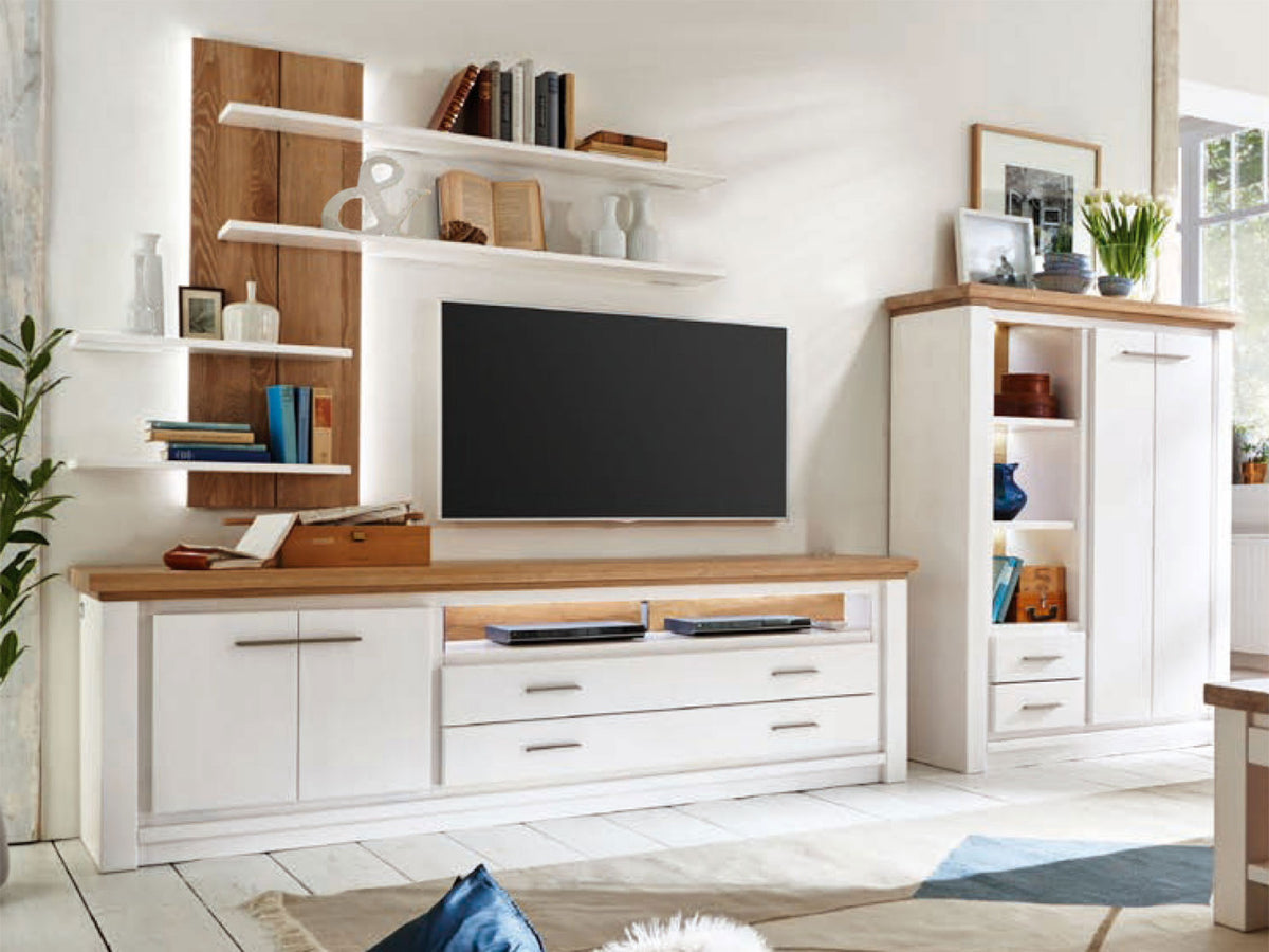 Wohnwand Olbia Highboard TV Lowboard Wandregal massiv weiß natur geölt Highboard rechts