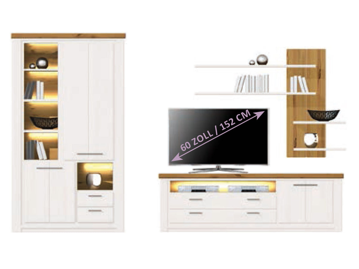 Wohnwand Olbia Vitrine hoch TV Lowboard Wandregal massiv weiß natur Vitrine links