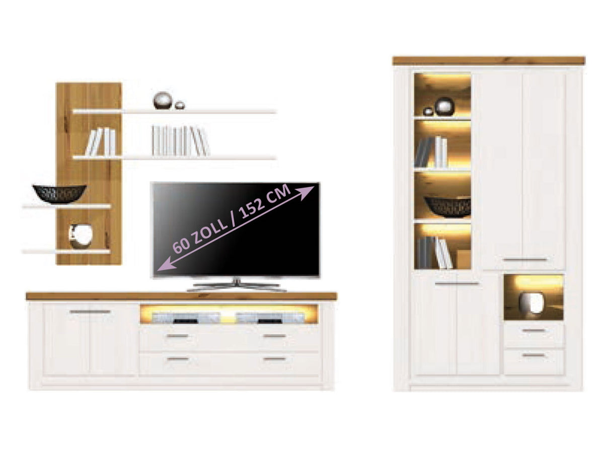 Wohnwand Olbia Vitrine hoch TV Lowboard Wandregal massiv weiß natur Vitrine rechts