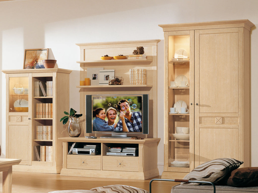 Wohnwand Wohnzimmer Schrank Set Vienna 4-teilig B 375 x H 210 cm, Pinie massiv Pinie natur gebürstet