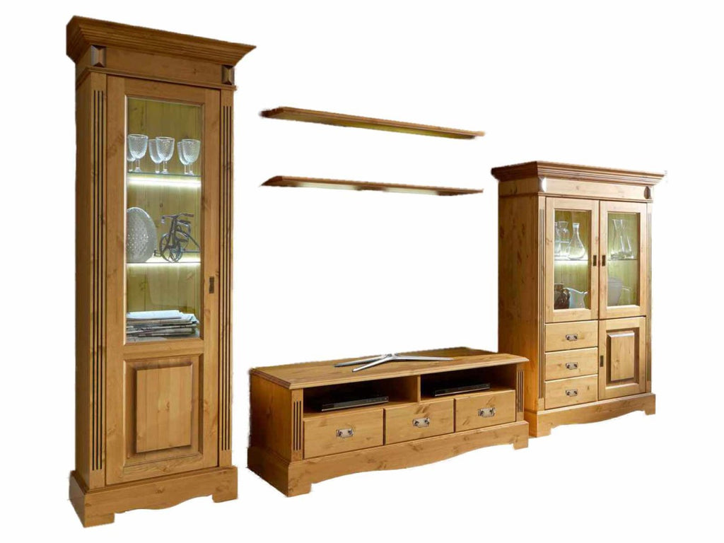 Wohnwand Florenz 1 Vitrine 1-türig 1 TV Lowboard 2 Wandborde Pinie Nordica Massivholz