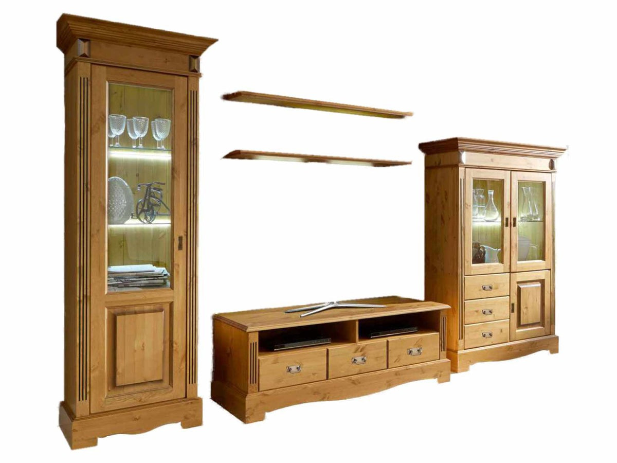 Wohnwand Florenz 1 Vitrine 1-türig 1 TV Lowboard 2 Wandborde Pinie Nordica Massivholz