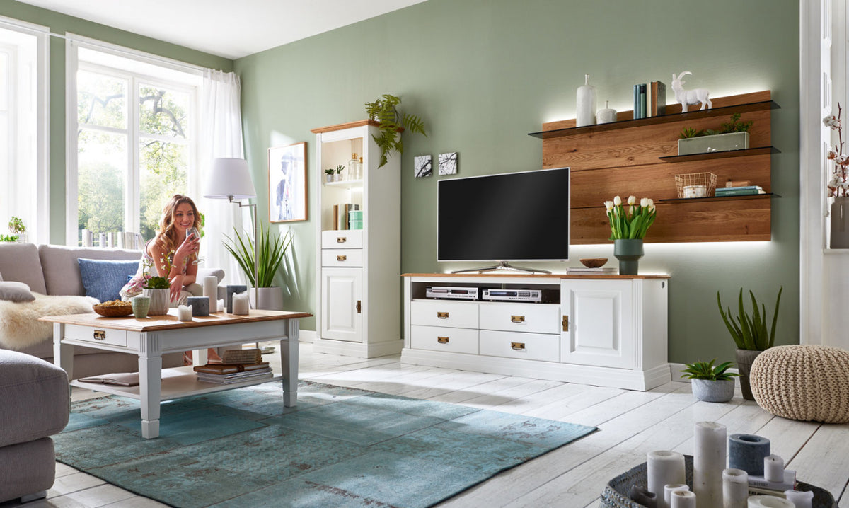 Couchtisch Wohnzimmer-Tisch Novara 130x75 cm mit Schublade weiß massiv