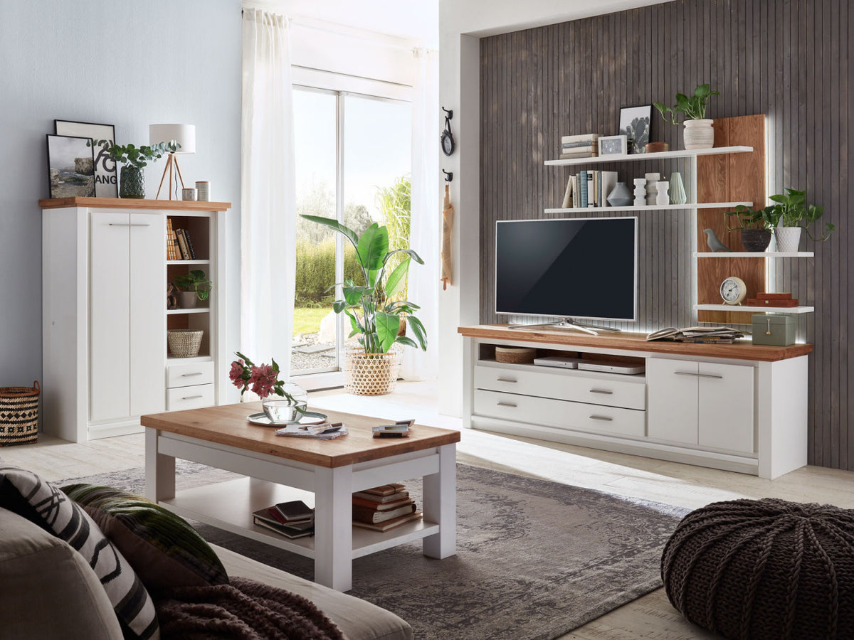 Wohnwand Olbia Highboard TV Lowboard Wandregal massiv weiß natur geölt